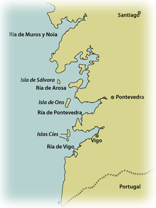 Mapa de las Rías Bajas, Galicia